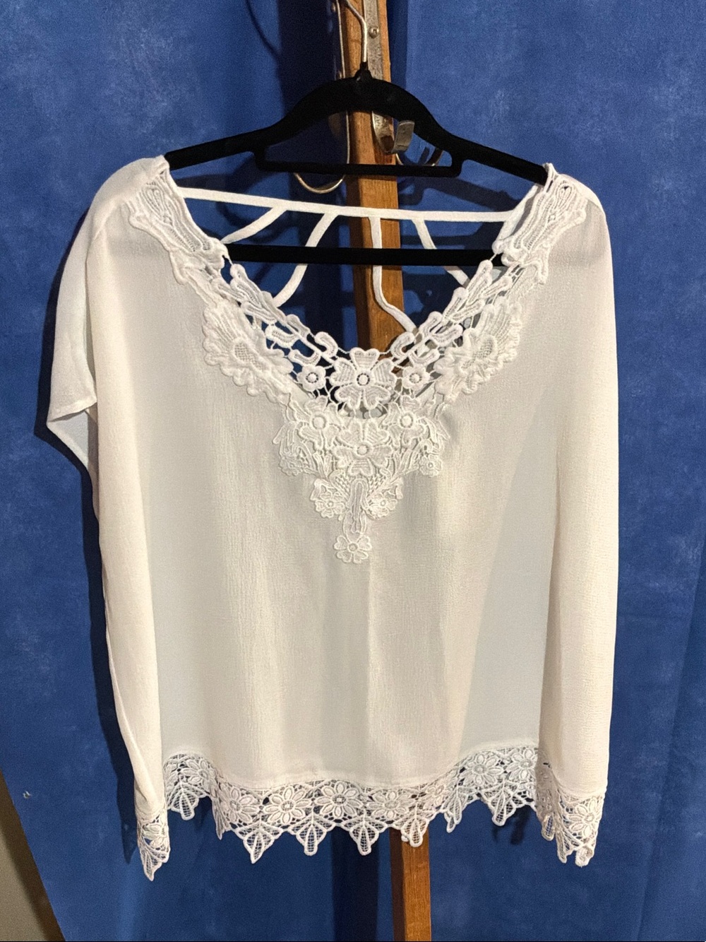 White Lace-Trim V-Neck Blouse